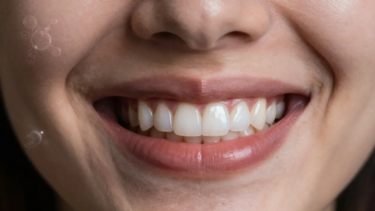 Split portrait showing transformation from slightly crooked teeth to a perfect veneer-enhanced smile.