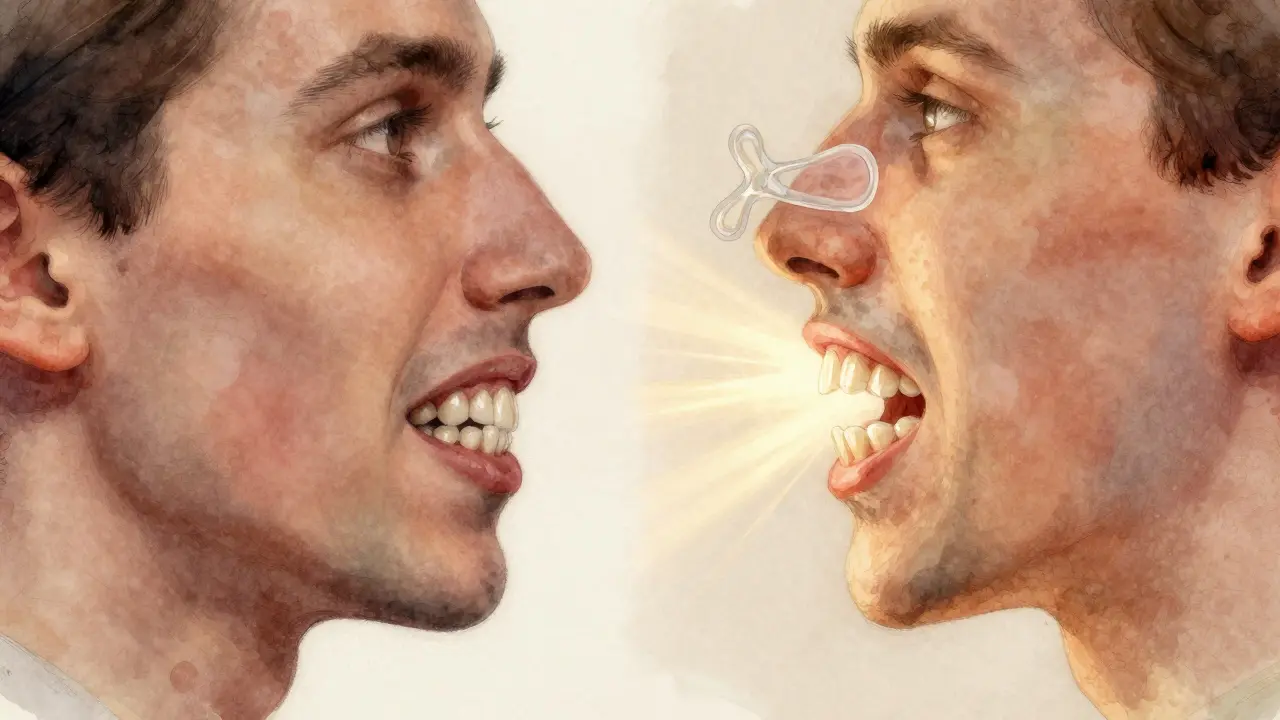 Srovnání před a po ortodontické léčbě: zúžené vs. otevřené dýchací cesty v obličeji.