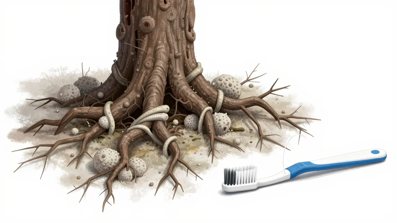 Strom s křehkými kořeny jako metafora ztráty zubu kvůli kameni pod dásní.