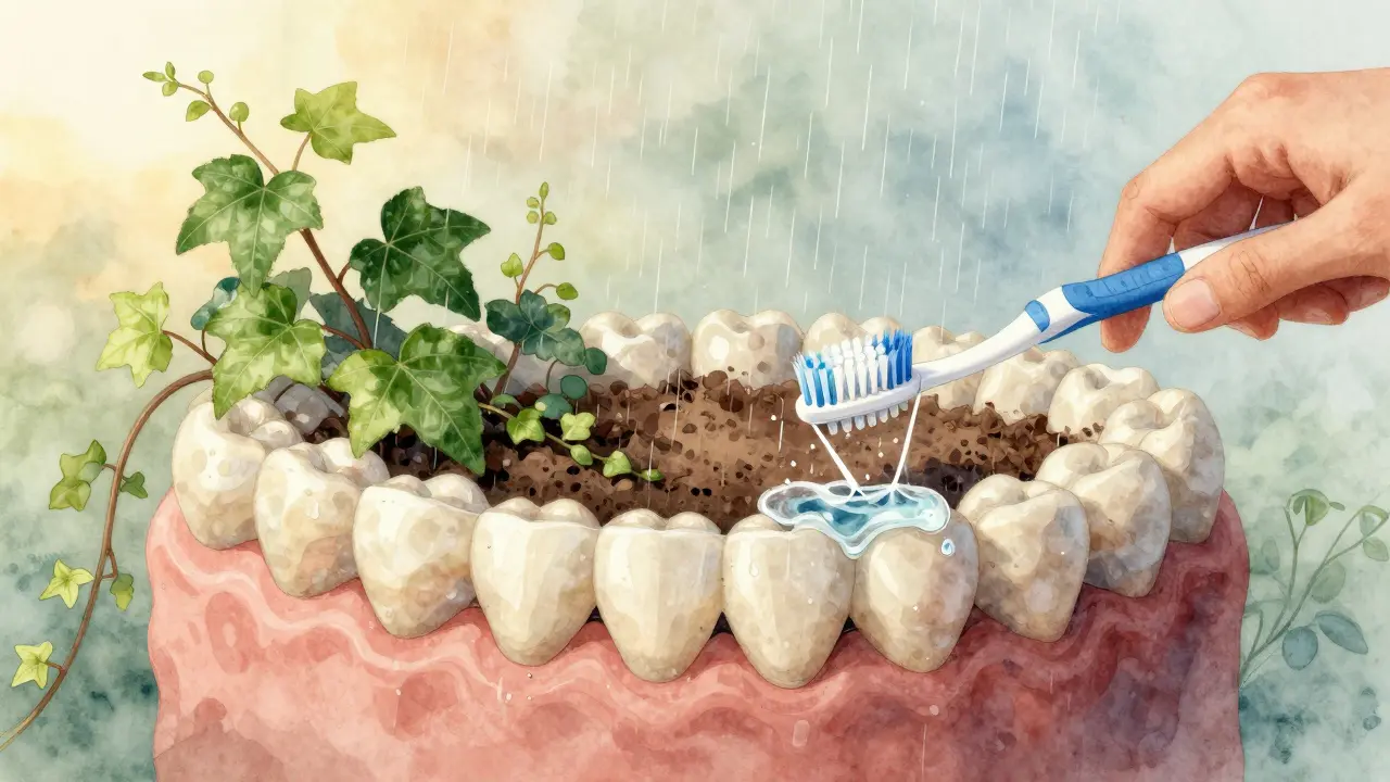 Ústa jako zahrada: zuby jako kameny, plak jako ivy a kartáček jako nástroj na údržbu.