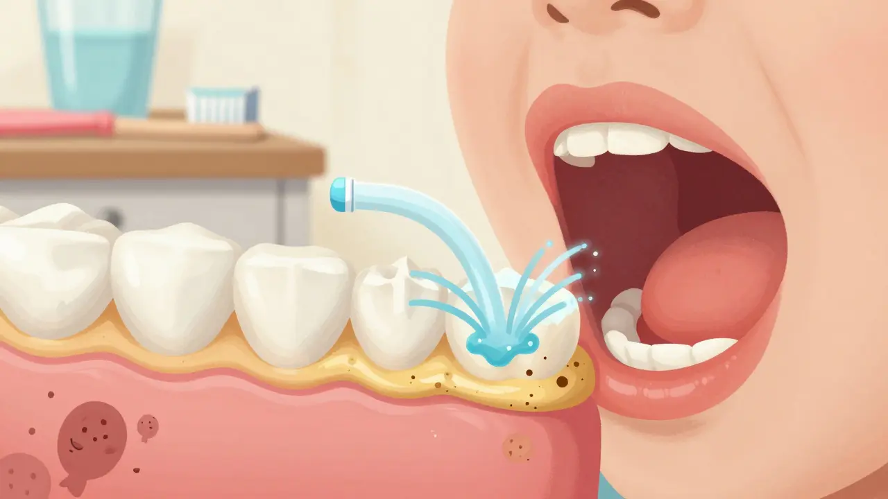 Vnitřní pohled na dětské zuby s plakem a zubním kamenem, který odstraňuje voda a fluorid.