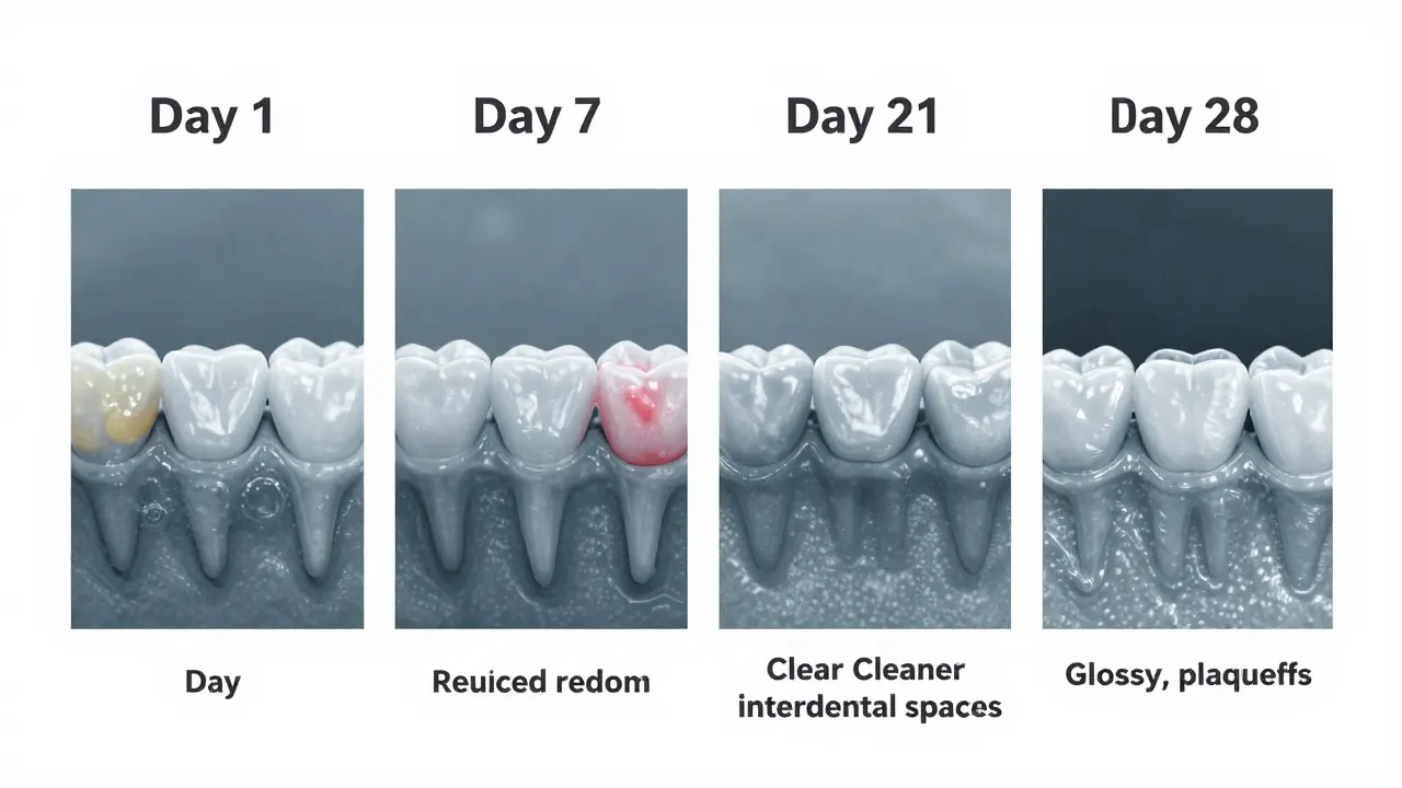 Vývoj zdraví dásní během čtyř týdnů pravidelného čištění.