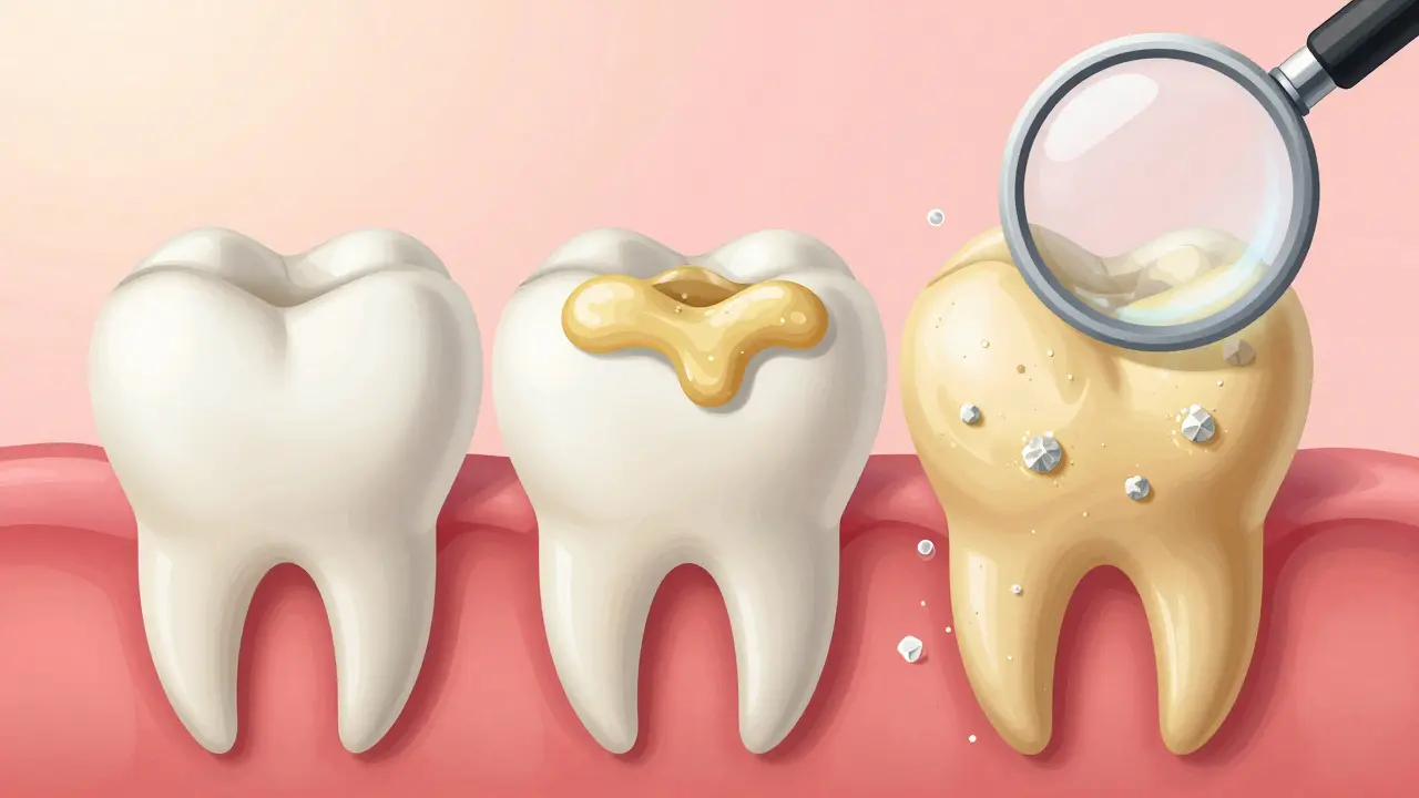 Vývoj zubního plaku v tvrdý kámen na zubu