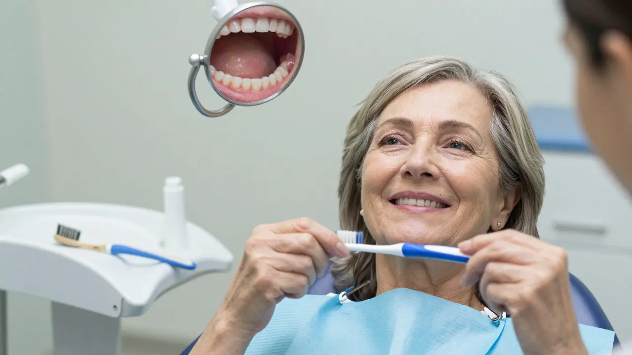 Žena s Curaprox kartáčkem v ruce, směje se v zubní klinice, zdravé dásně v zrcadle.