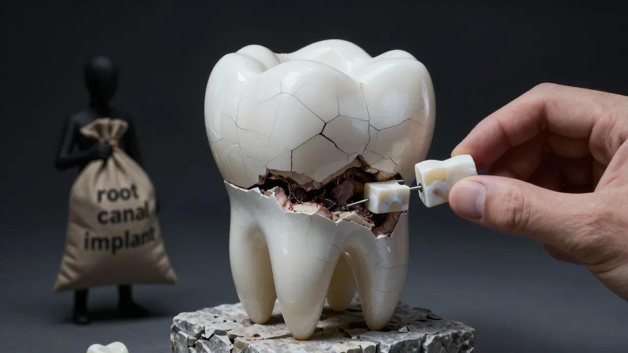 Zub jako zřícená věž, kde keramická vložka zastavuje rozpad, zatímco stín představuje náklady na implantát.