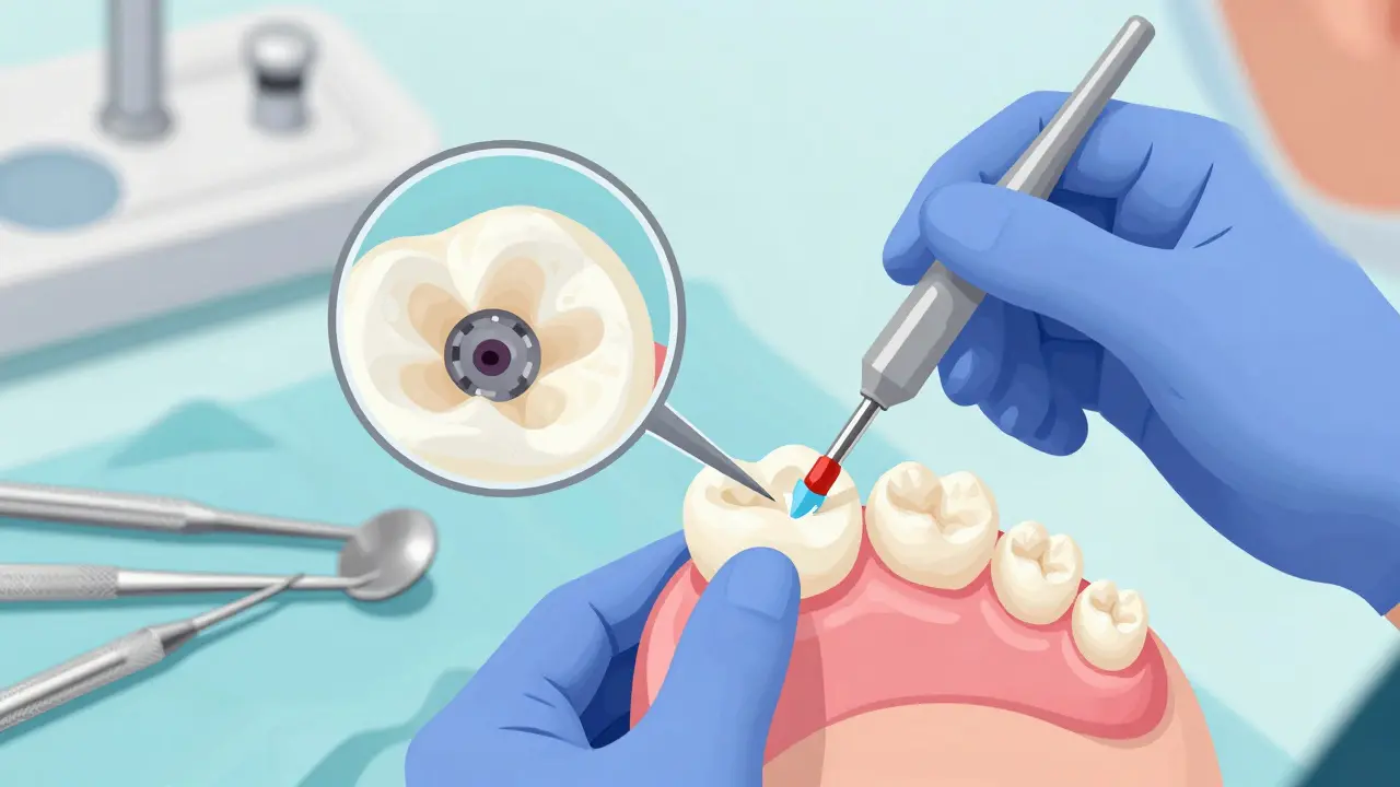 Zubař přilepuje korunku na připravený zub pomocí dočasného lepidla.