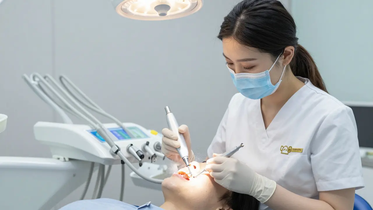 Zubní hygienistka při ultrazvukovém čištění