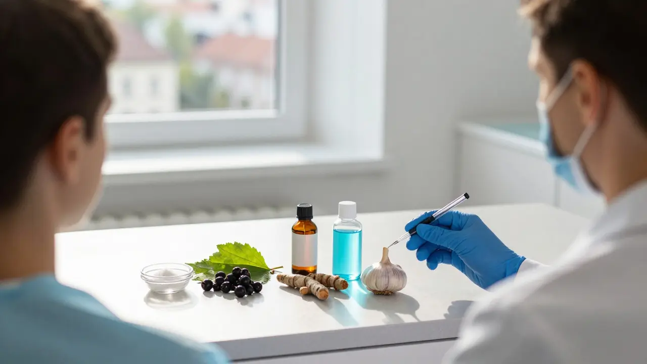 Zubní lékař v Brně vysvětluje pacientovi přírodní metody léčby zánětu zubů.