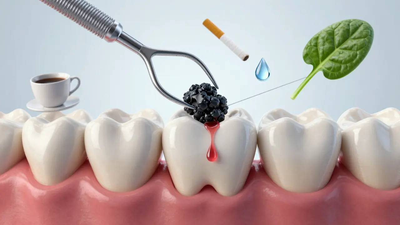 Zubní nástroj odstraňující černý kámen, krev a symboly příčin.