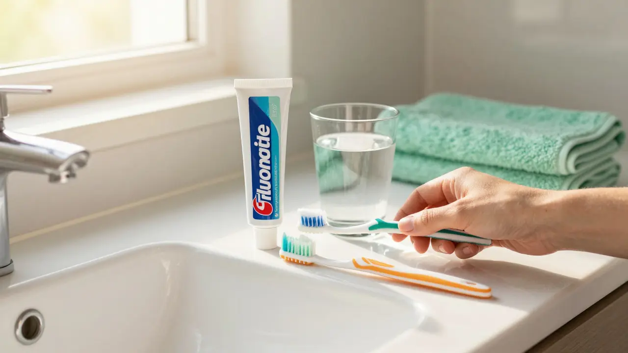 Zubní pasta s fluoridem a mezizubní kartáček na koupelnovém pultě