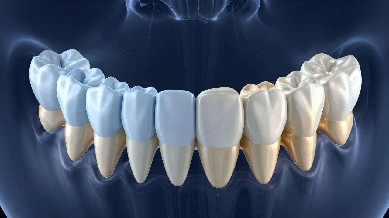 3D ilustrace čelisti s barevným znázorněním premolárů a molárů.