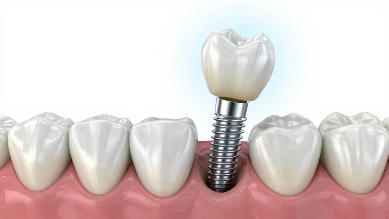 3D vizualizace dentálního implantátu integrovaného do čelistní kosti.
