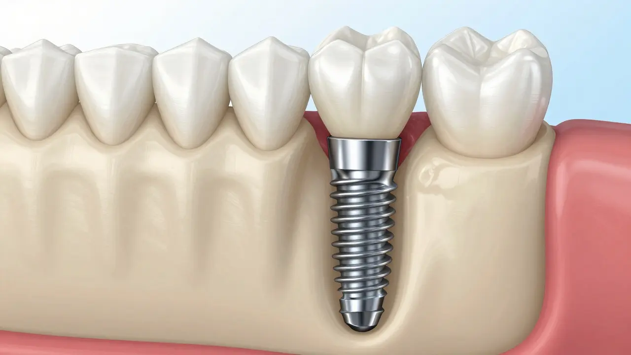 Anatomický řez zubního implantátu z titanu s keramickou korunkou.
