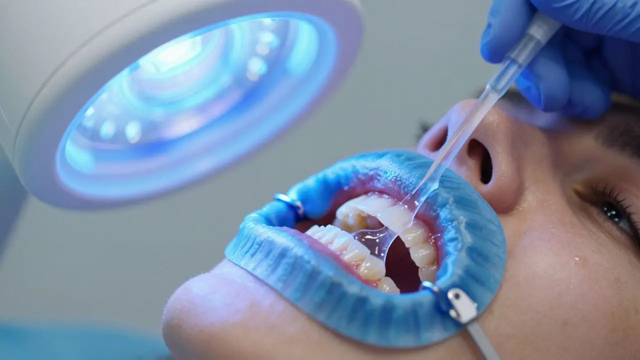 Detail aplikace bělicího gelu a ochranné zátěrky s modrým UV světlem.