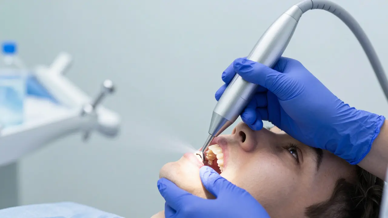 Detail profesionálního ultrazvukového čištění zubů u hygienika.