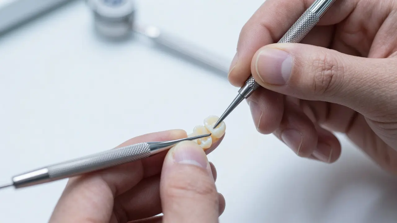 Detailní záběr na precizní výrobu keramického zubního mostku v laboratoři.