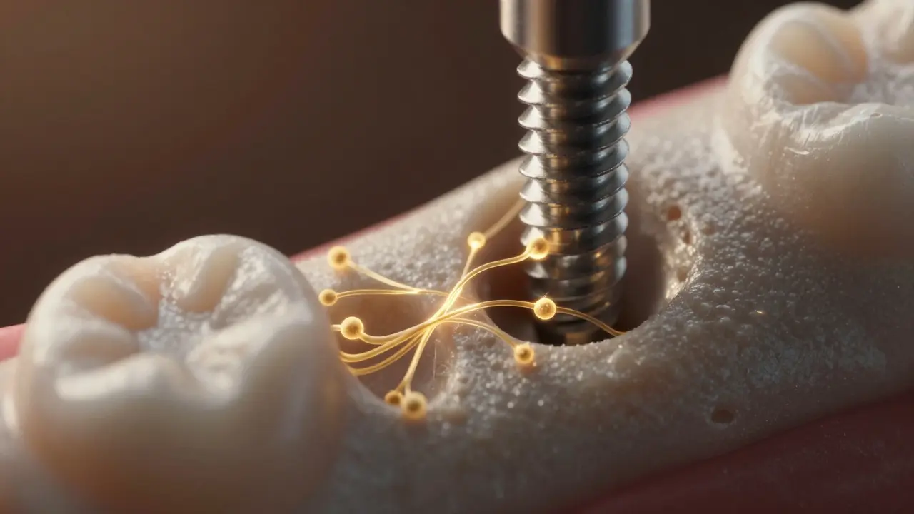 Detailní zobrazení srostání titanového implantátu s kostní tkání