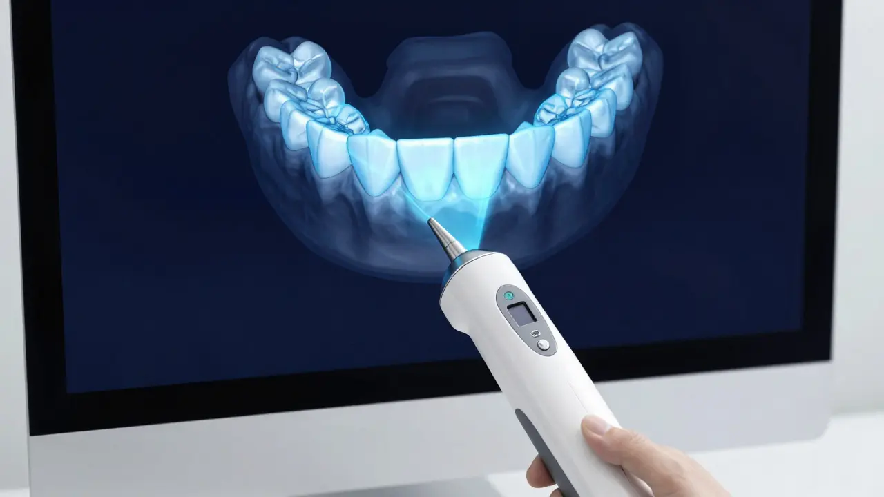 Digitální skenování zubů pomocí intraorálního skeneru a 3D model na obrazovce.