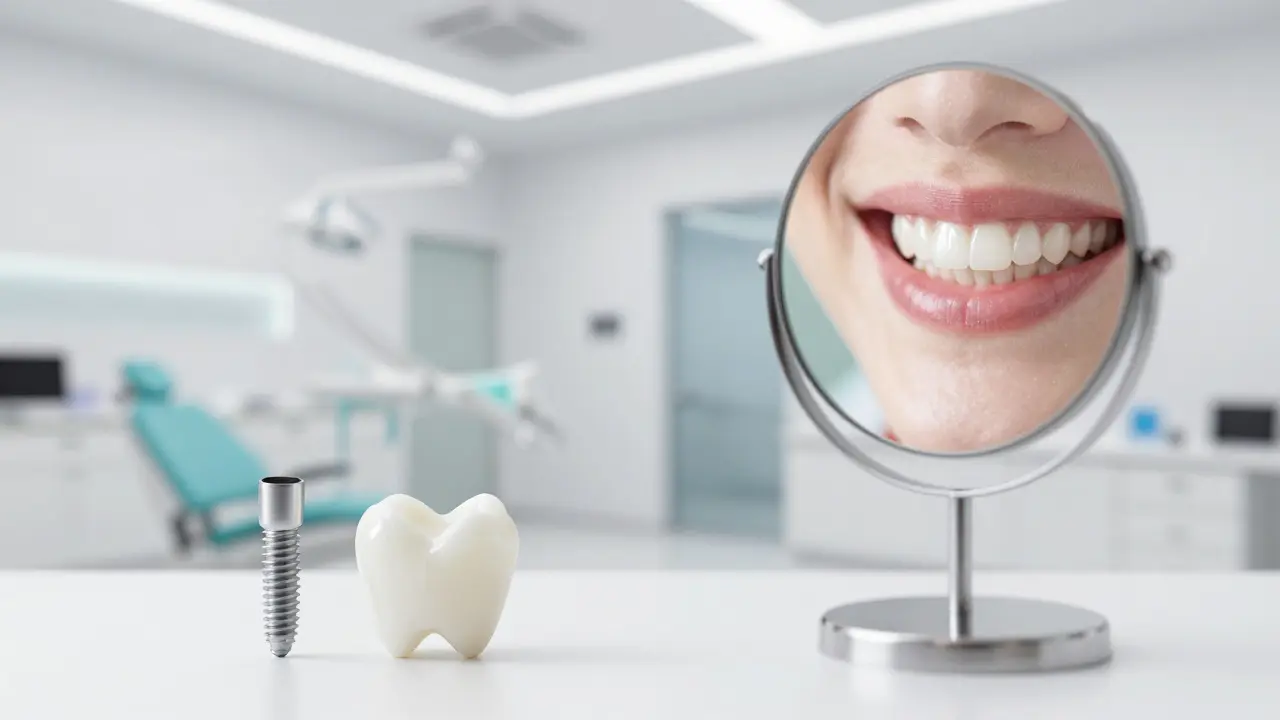 Interiér moderní zubní kliniky symbolizující proces rekonstrukce chrupu od implantátu po finální úsměv.