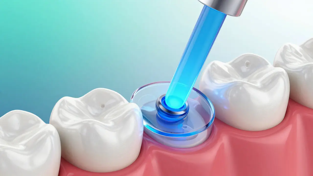 Keramický závěs rovnátka přilepený k zubu pomocí modrého světla.