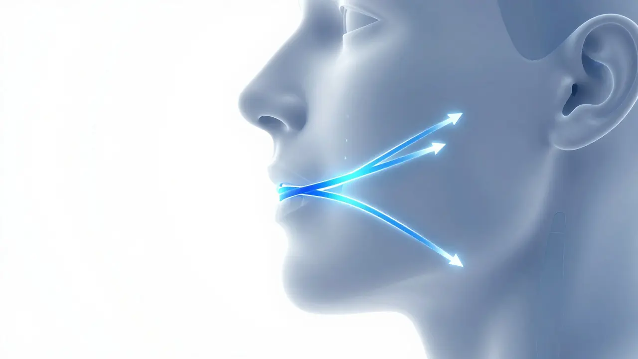 Konceptuální ilustrace síly a směru tlaku gumiček na čelisti pro korekci skusu.