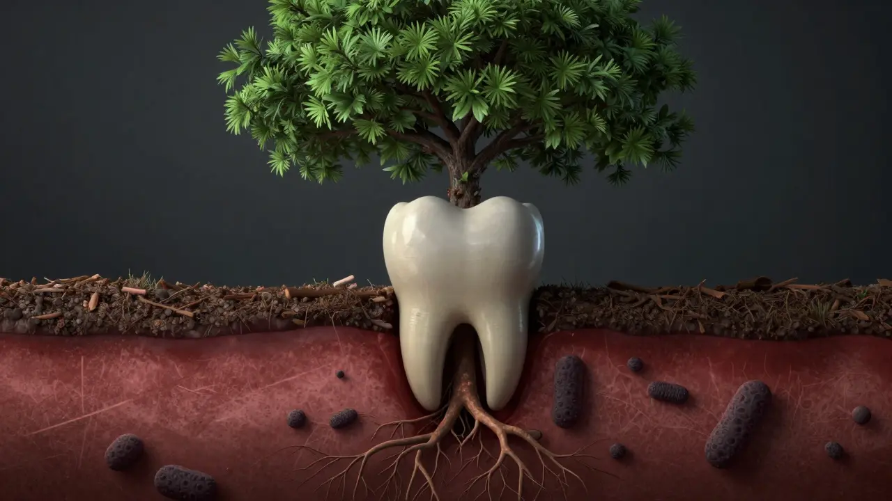 Konceptuální ilustrace zubu jako stromu s poškozujícími se kořeny.