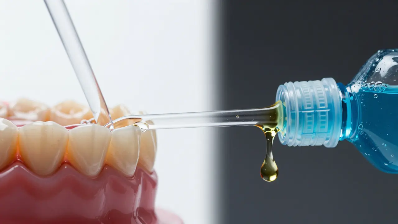 Konceptuální srovnání čistého proudu vody a hustého mouthwashu v trysce.