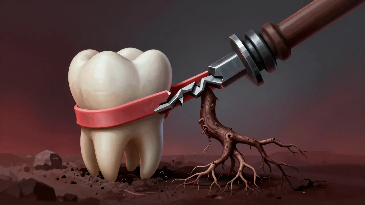 Konceptuální znázornění rizika domácího rovnání zubů pomocí gumiček.