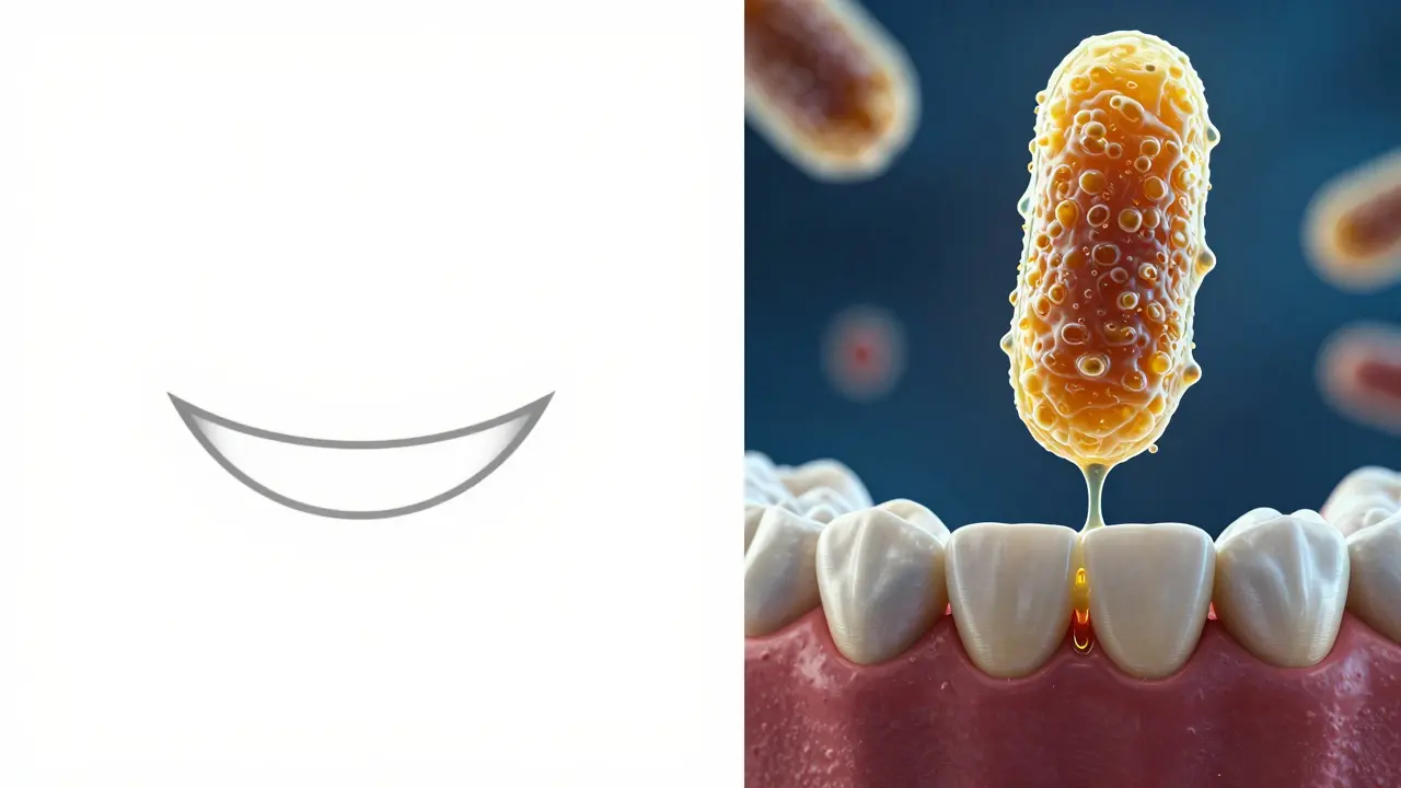 Konceptuální zobrazení čistých zubů vedle detailu žlutého zubního plaku a kamene.