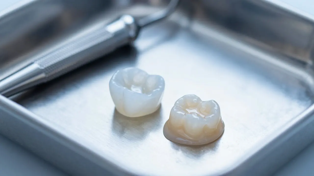 Makro záběr zubních keramických fazet na sterilním stole.