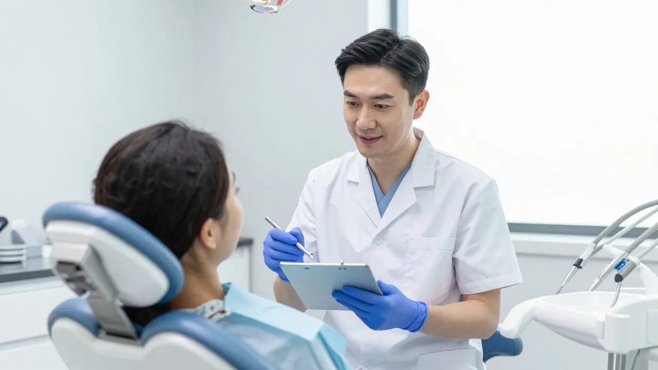 Pacient v moderní zubní klinice při konzultaci o bělení zubů.