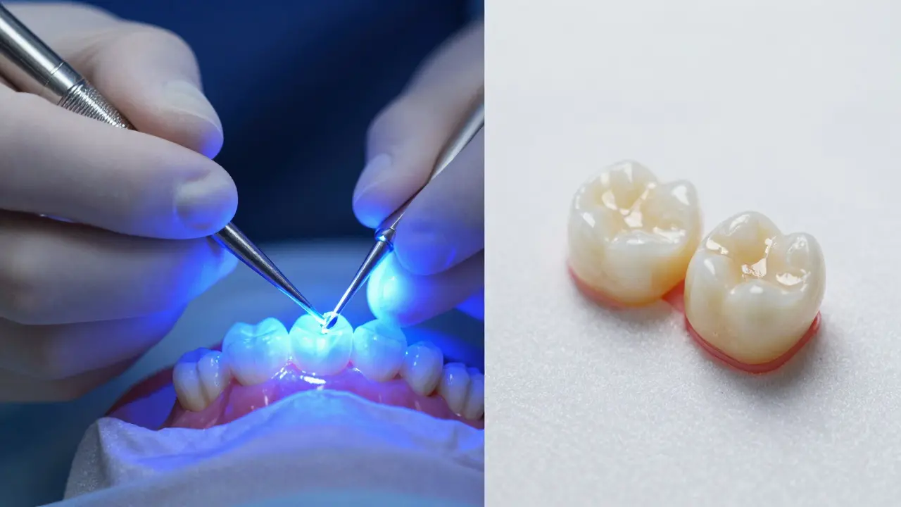Proces vrstvení kompozitu pod modrým světlem a keramické fasetky.