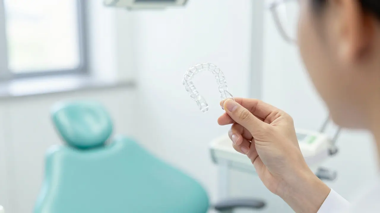 Průhledná fólie pro rovnání zubů v moderním stomatologickém prostředí.