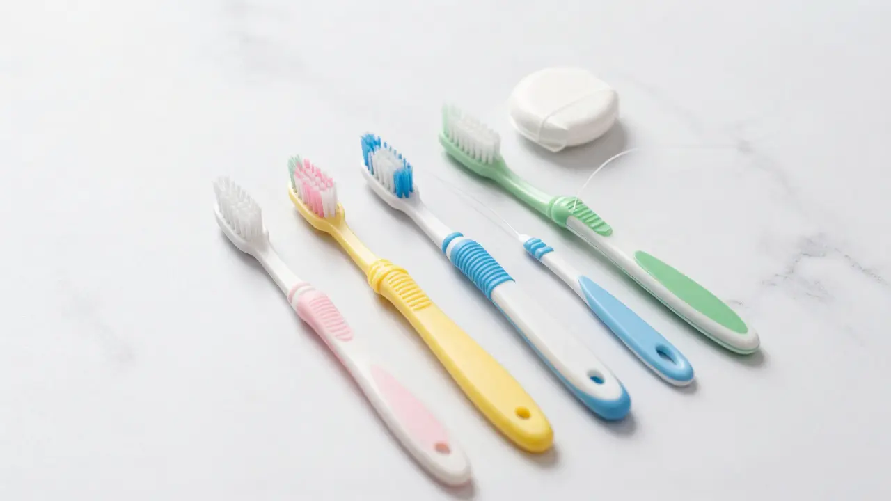 Sada pomůcek pro dentální hygienu: kartáček, mezizubní kartáčky a nitna.