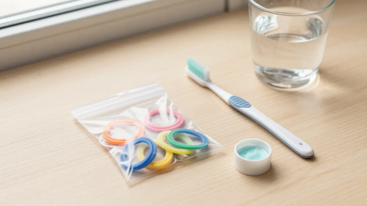 Sada pomůcek pro péči o rovnátka: gumičky, mezizubní kartáček a ortodontický vosk.