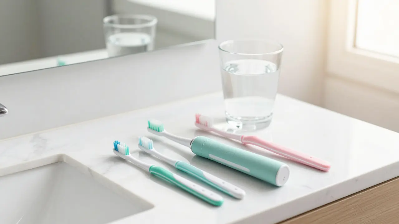 Sada pomůcek pro prevenci zubního kamene na mramorovém stole.