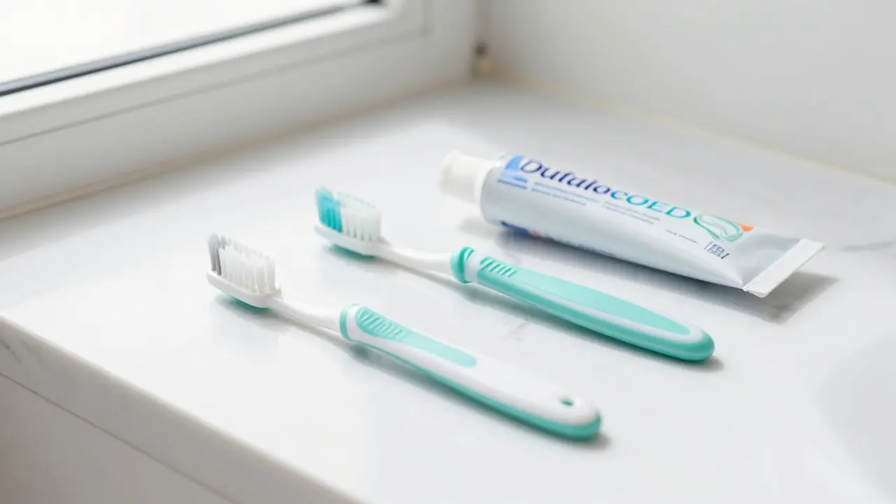 Sada pomůcek pro zubní hygienu včetně mezizubních kartáčků na bílém povrchu.