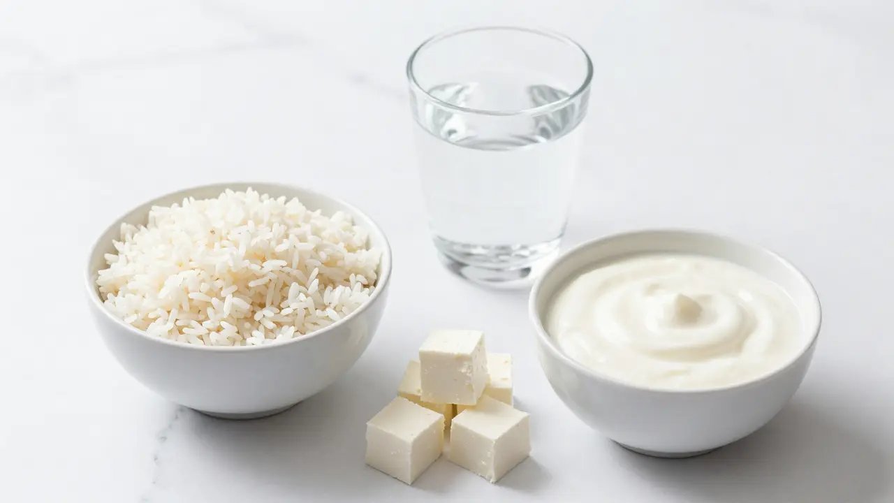 Sada potravin pro bílou dietu: rýže, sýr a bílý jogurt na bílém mramoru.