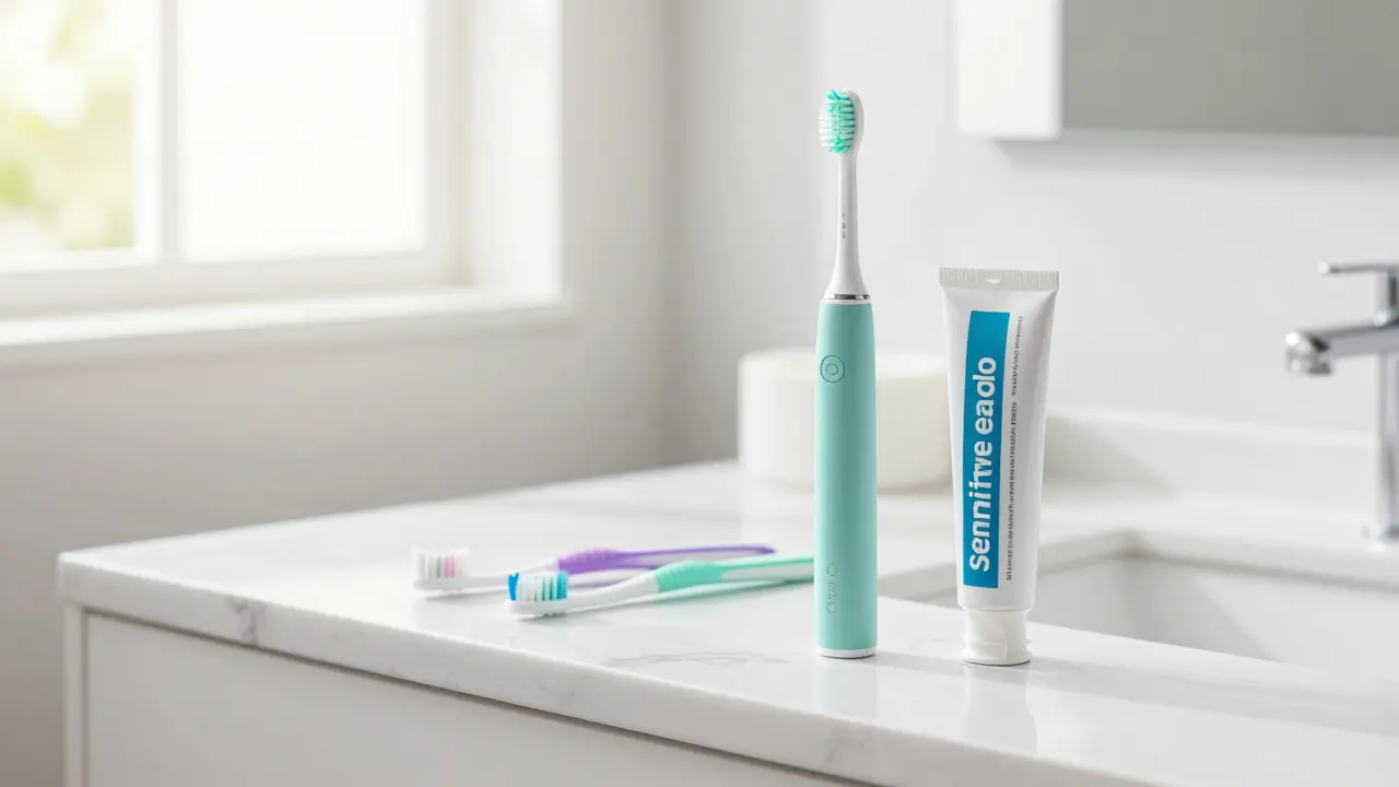 Sada pro domácí péči o zuby včetně elektrického kartáčku a mezizubních pomůcek.