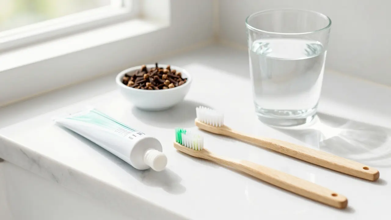 Sada pro domácí zubní hygienu s mezizubním kartáčkem a hřebíčkem.