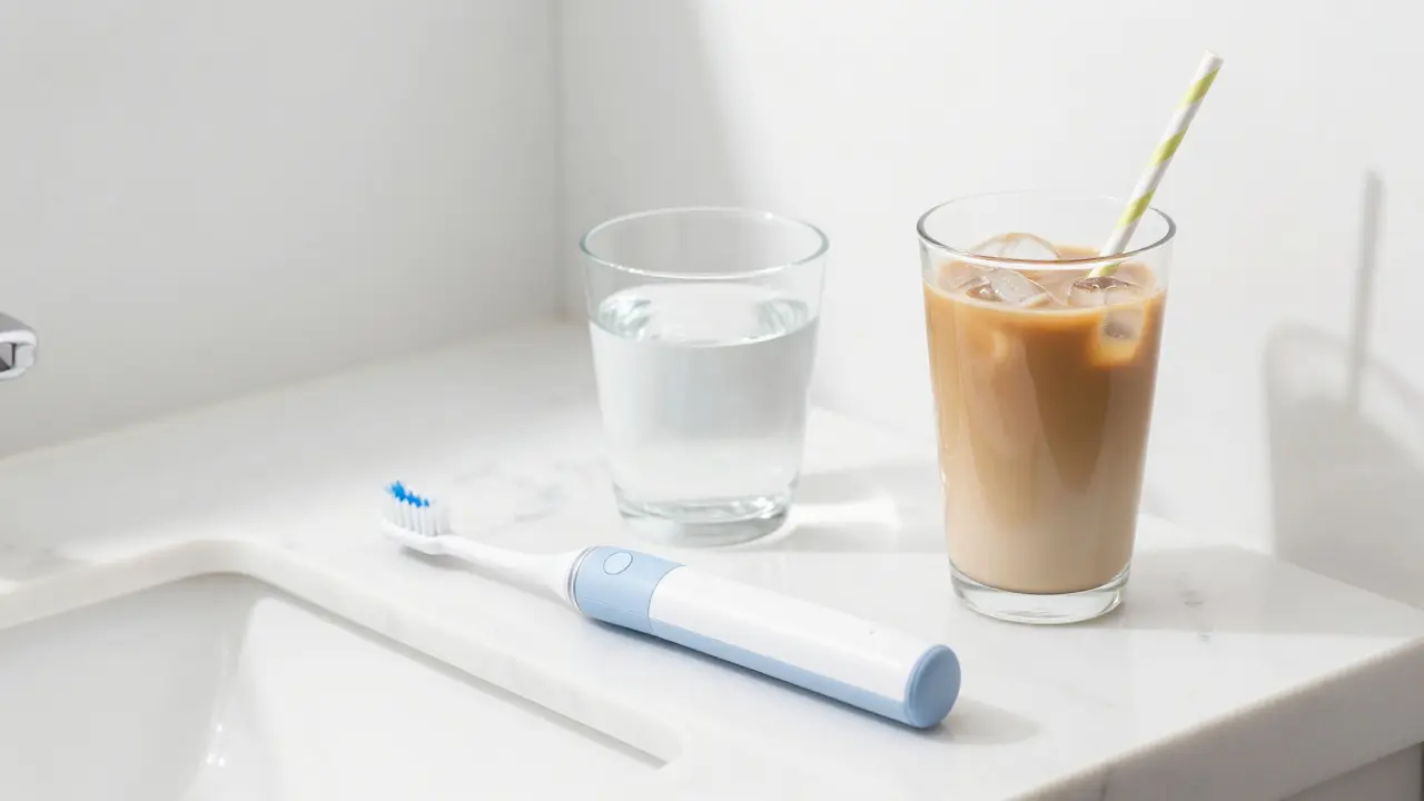 Sada pro prevenci zdravých zubů s elektrickým kartáčkem a kávou s brčkem