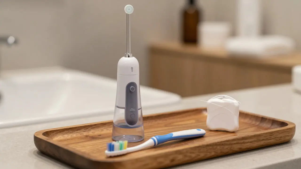 Sada pro ústní hygienu zahrnující ústní sprchu a kvalitní kartáček na dřevěném podnose.