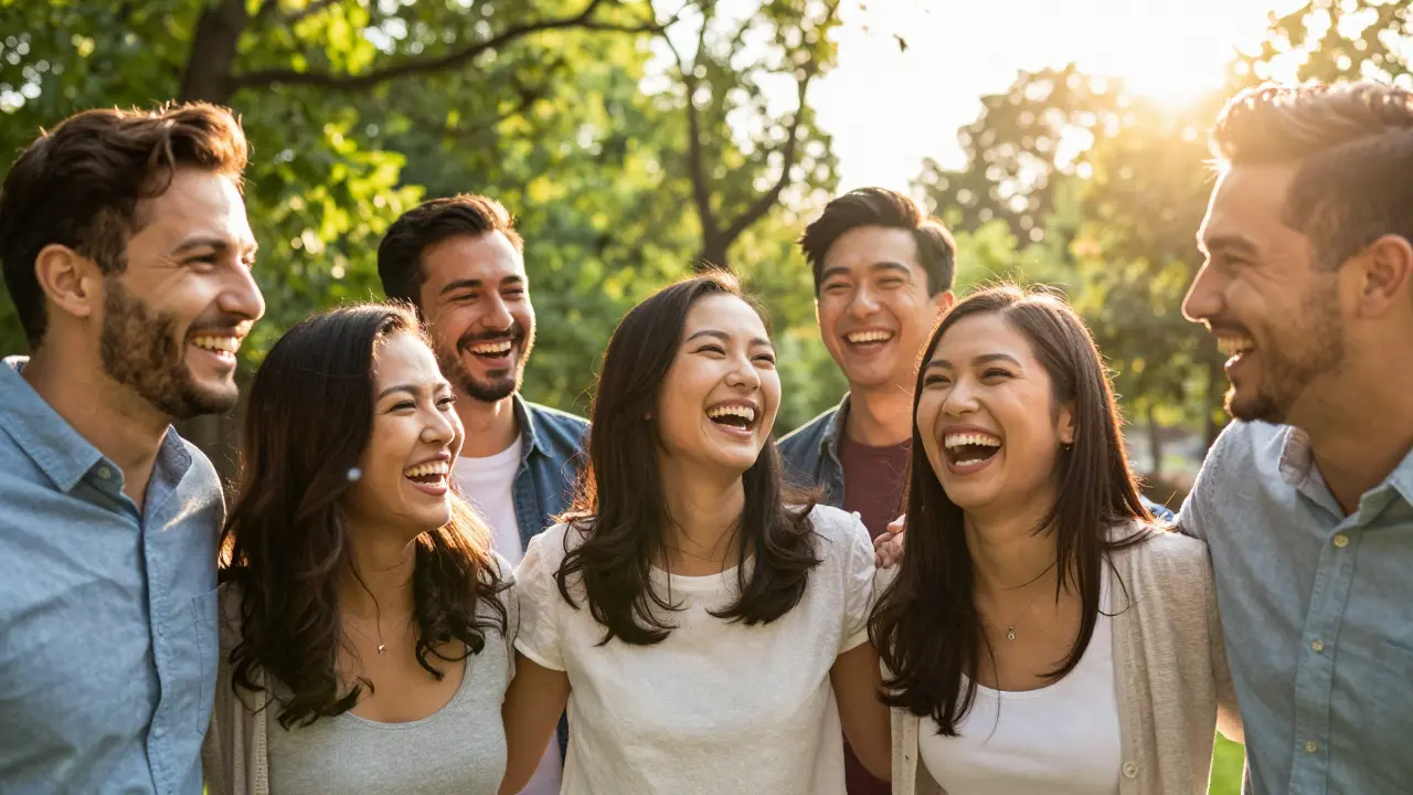 Skupina přátel se směje venku při západu slunce.