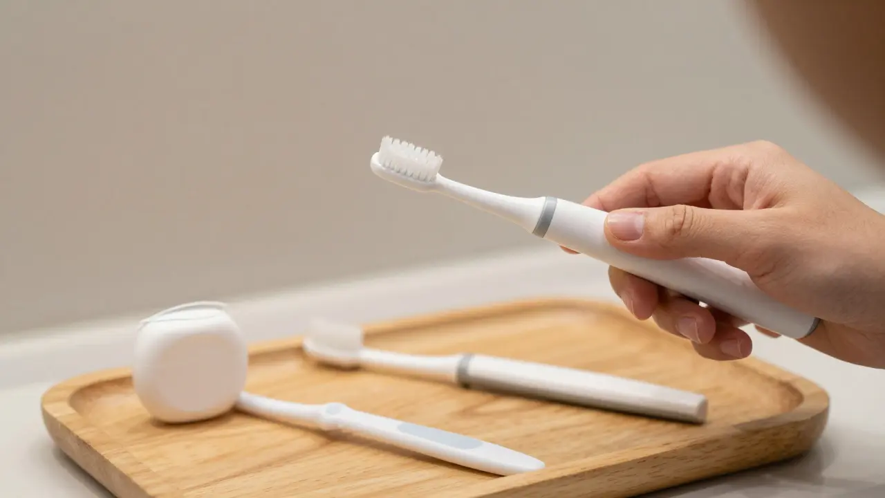 Správná technika čištění zubů sonickým kartáčkem a doplňky hygieny.