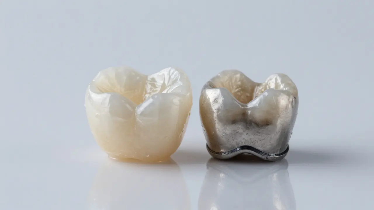 Srovnání celokeramické korunky s přirozenou průsvitností a starší kovokeramické korunky s tmavým okrajem.