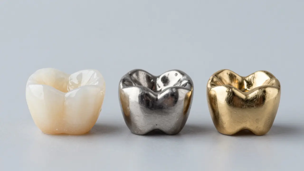 Srovnání materiálů zubních korunek: zirkon, kovokeramika a zlatá kovová korunka.