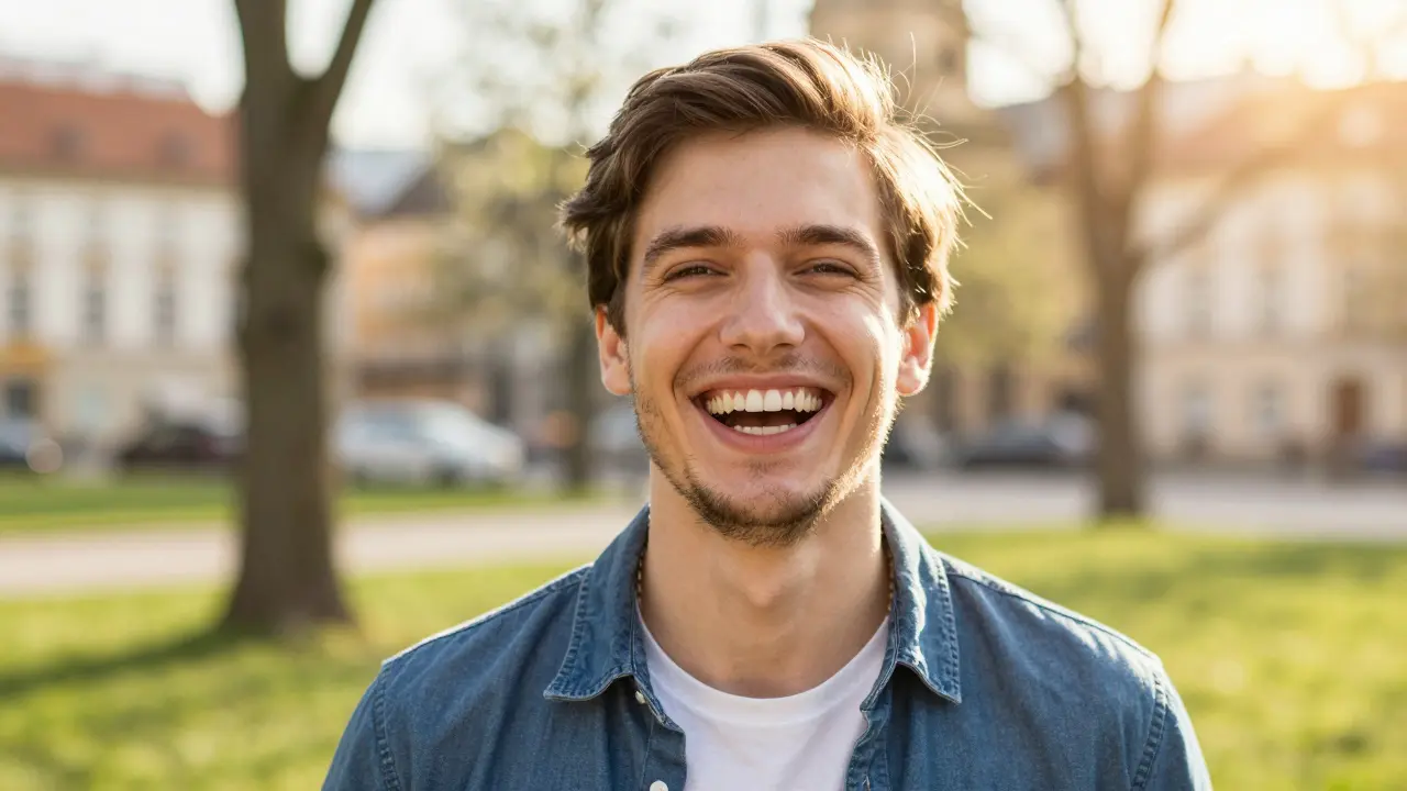 Šťastná osoba s krásně rovnými a zdravými zuby se směje.