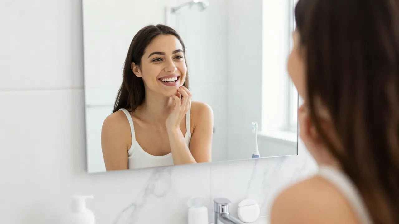 Šťastný člověk se sebevědomě usmívá do zrcadla v koupelně s pomůvkami pro hygienu.