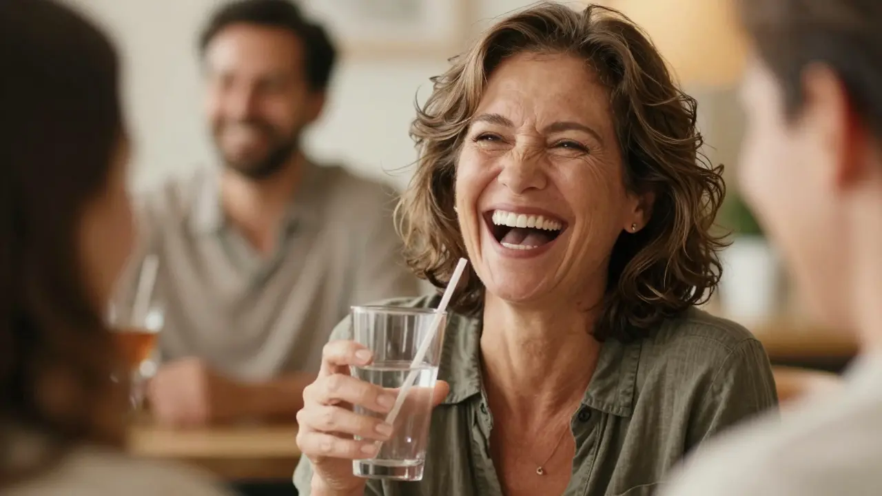 Šťastný člověk se sebevědomým a zářivým úsměvem v hromadě lidí.