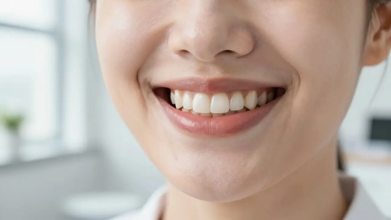 Úsměv člověka s přirozeně vypadající keramickou zubní korunkou